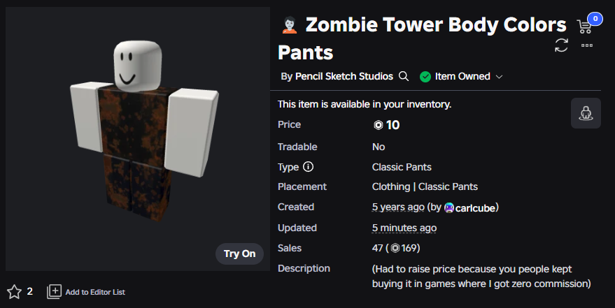 since oozing oscar came out i would like to say i did make zombie tower clothes like 5 years ago if anyone is interested

roblox.com/catalog/600794…

roblox.com/catalog/600794…