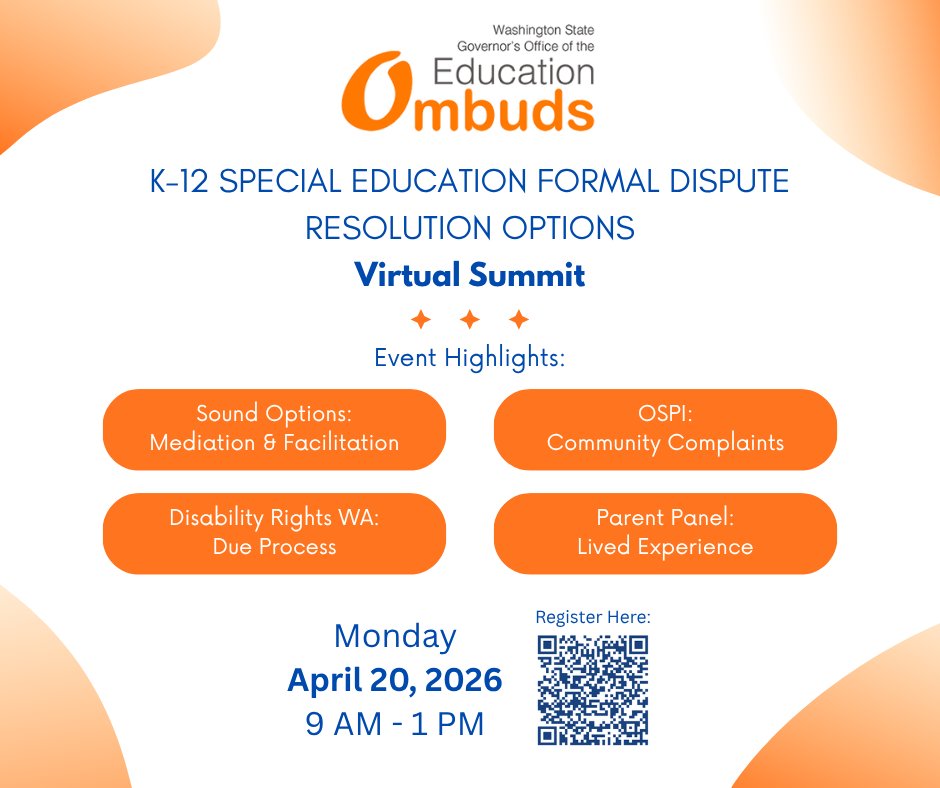 EdOmbuds's tweet photo. Join OEO with Sound Options, OSPI, and Disability Rights WA to discuss 4 formal special ed dispute resolution options in K-12 public school system. After, hear a panel of community members share their lived experience. April 20th 9 am-1 pm Register: https://t.co/Yvs8HAhkxD https://t.co/CB1CrXCjUW