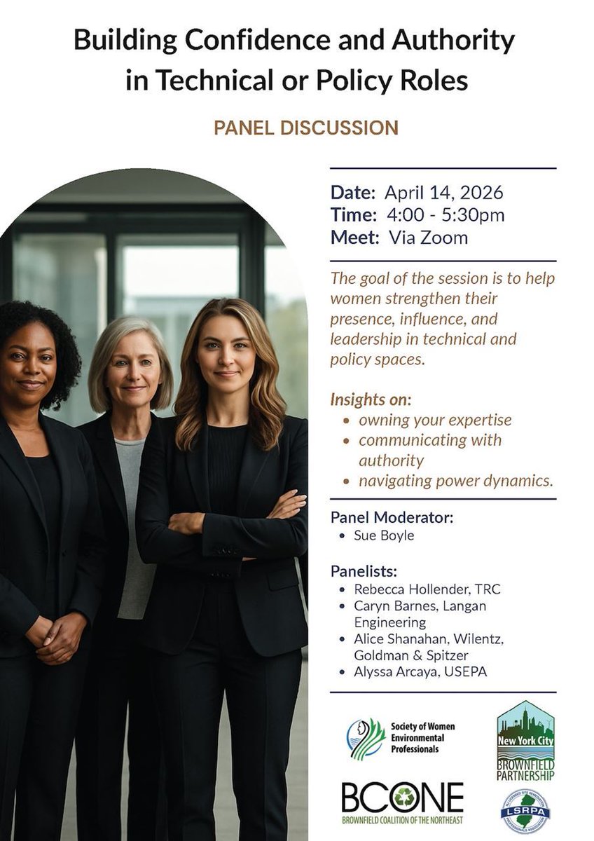 NYCBrownfields's tweet photo. 📣 Check out the Women in Environmental, Construction, Architecture &amp; Engineering Professions

Join a virtual panel on Building Confidence &amp; Authority in Technical/Policy Roles
🗓️ Apr 14, 2026 | 4–5:30 PM

🔗 Secure your spot today: https://t.co/eCE599ynH0 https://t.co/C7uyRNH8el