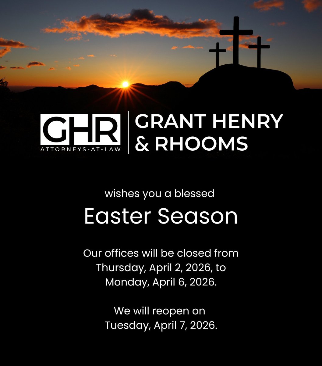 GHRLegal's tweet image. We wish for you all, a holy and blessed Easter Season! Our offices reopen to serve you, on Tuesday, April 7, 2026, at 8:30 am.
