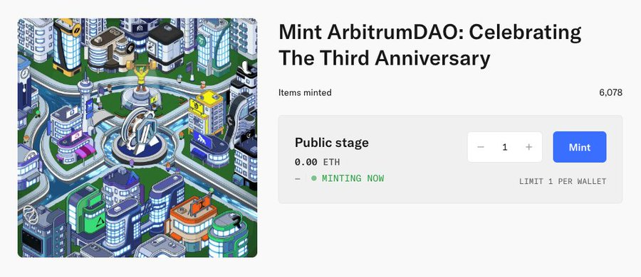 Free Mint: ArbitrumDAO 3rd Anniversary NFT!

<a href="/arbitrumdao_gov/">Arbitrum Governance</a> 
 vừa tròn 3 tuổi và họ ra NFT kỷ niệm chính thức trên OpenSea. 

Mint free tại:
opensea.io/collection/arb…

Chỉ tốn gas (~$0.006)
Không có use case gì đặc biệt, nhưng nếu ae yêu thích Arbitrum thì nên mint