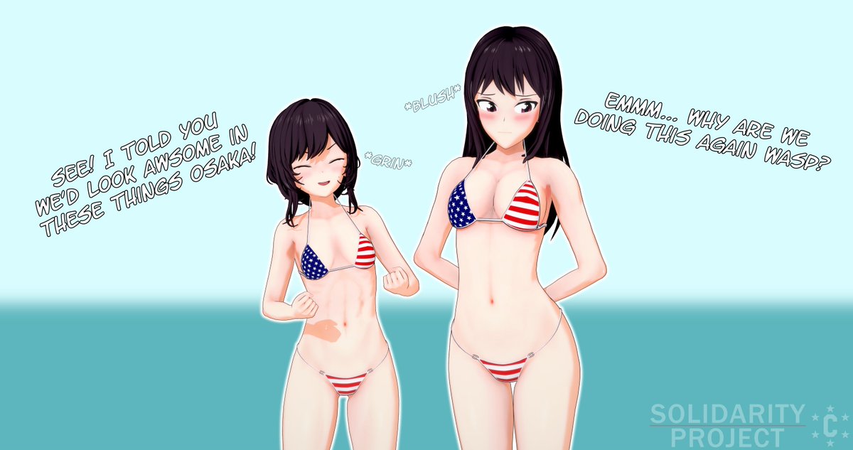 Wasp and Osaka getting onto the American flag bikini craze... Though Osaka's having second thoughts it seems.

#koikatsu #コイカツ