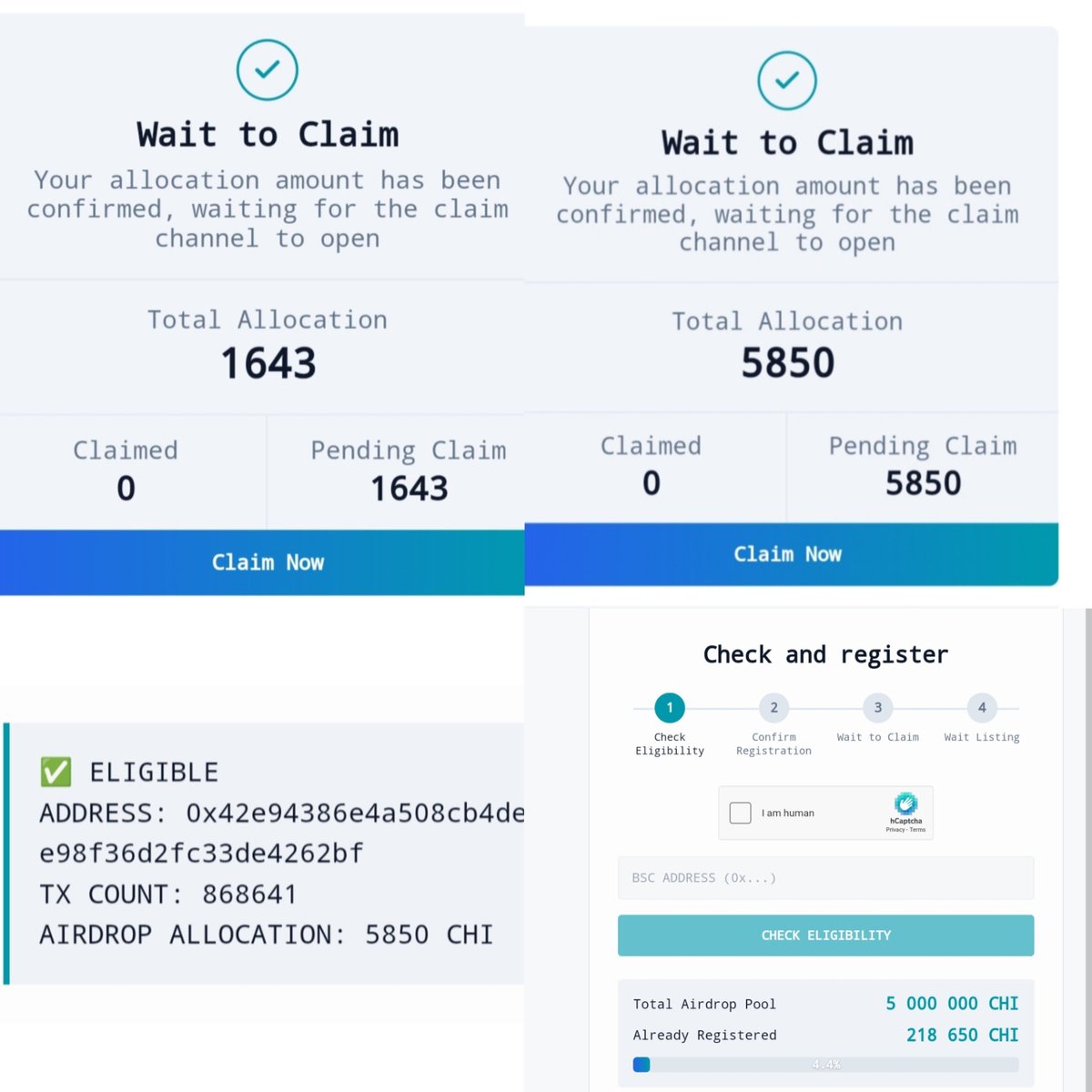You are eligible!Your tx is your precious gift🎁

check and register↓ taichicoin.xyz/register

Min Allocation:300 CHI
Max allocation:5850 CHI

Claims Live after Registration phase ends