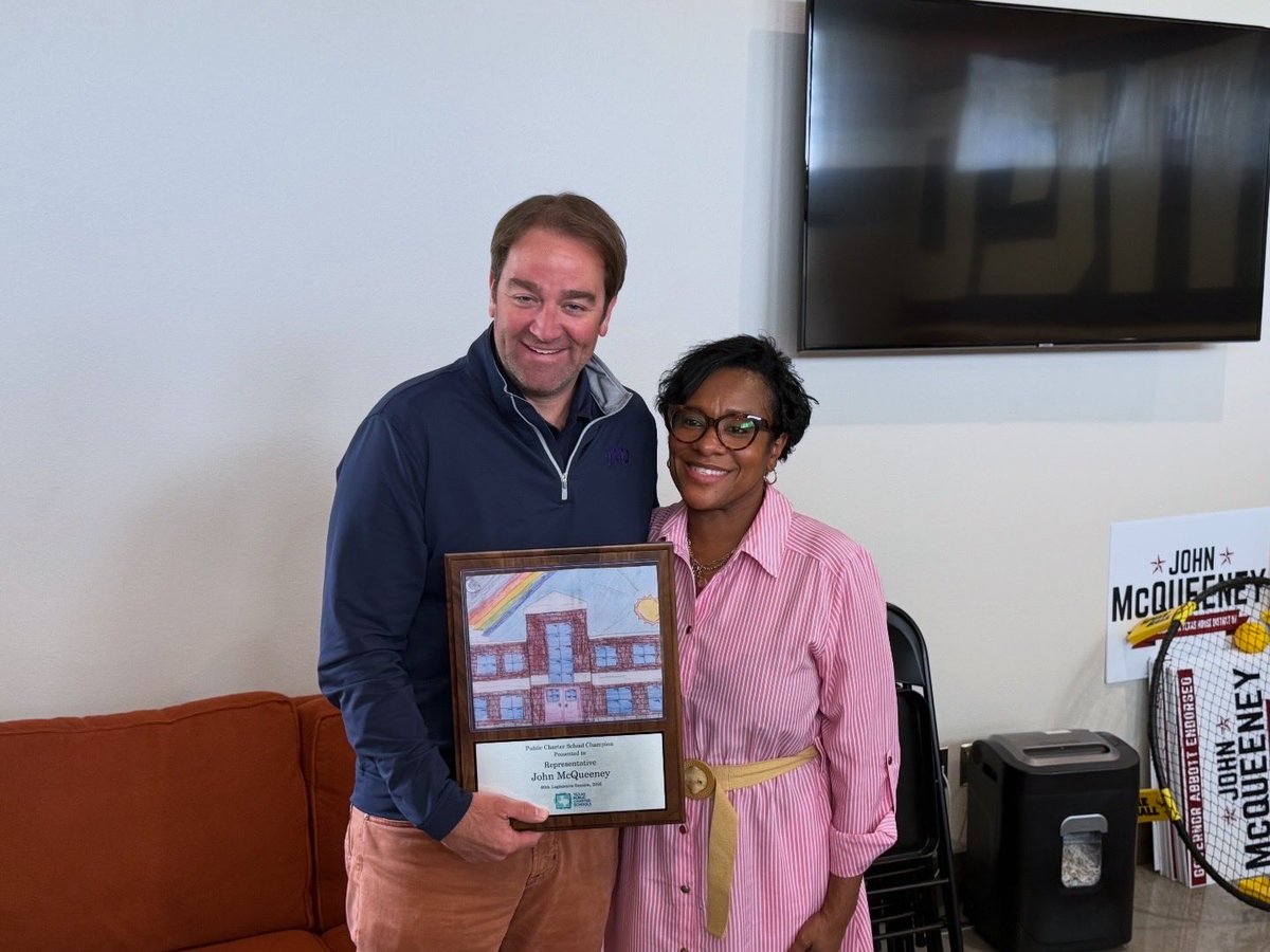 JohnMcQueeneyTX's tweet photo. Honored to receive the Public Charter School Champion award from the @TPCSAnews today. Grateful for advocates like Ally Crutcher and Dr. Anika Perkins who make this work so meaningful! Always looking out for Texas kids.📚✏️ #txlege #hd97 https://t.co/SmiwgtegHj