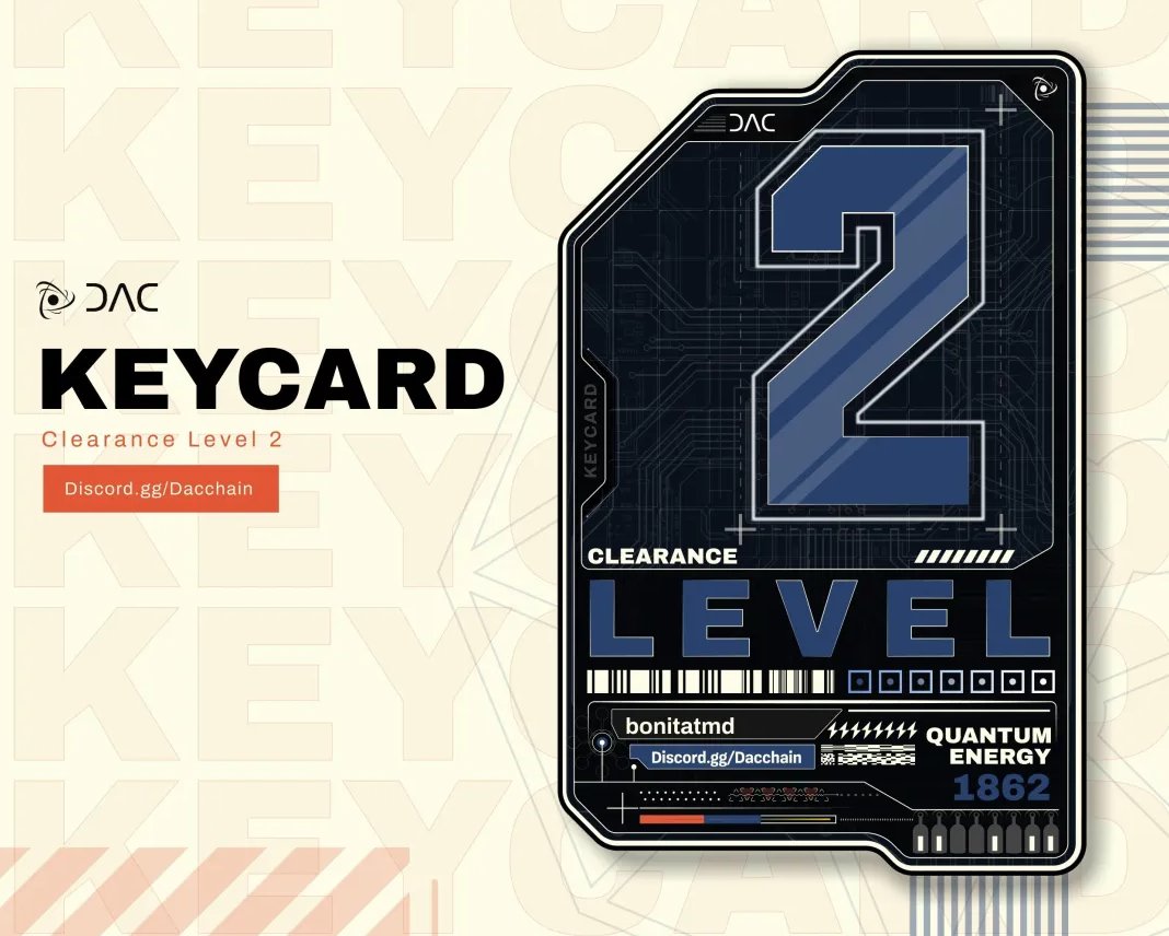 bonitatmd's tweet photo. Got my CLEARANCE LEVEL 2 Keycard on @dac_chain.

Locked in 1862 QE and moving deeper into the system.

Got it for free -> https://t.co/FC7lxq2dGn https://t.co/8PGrDmsFKS
