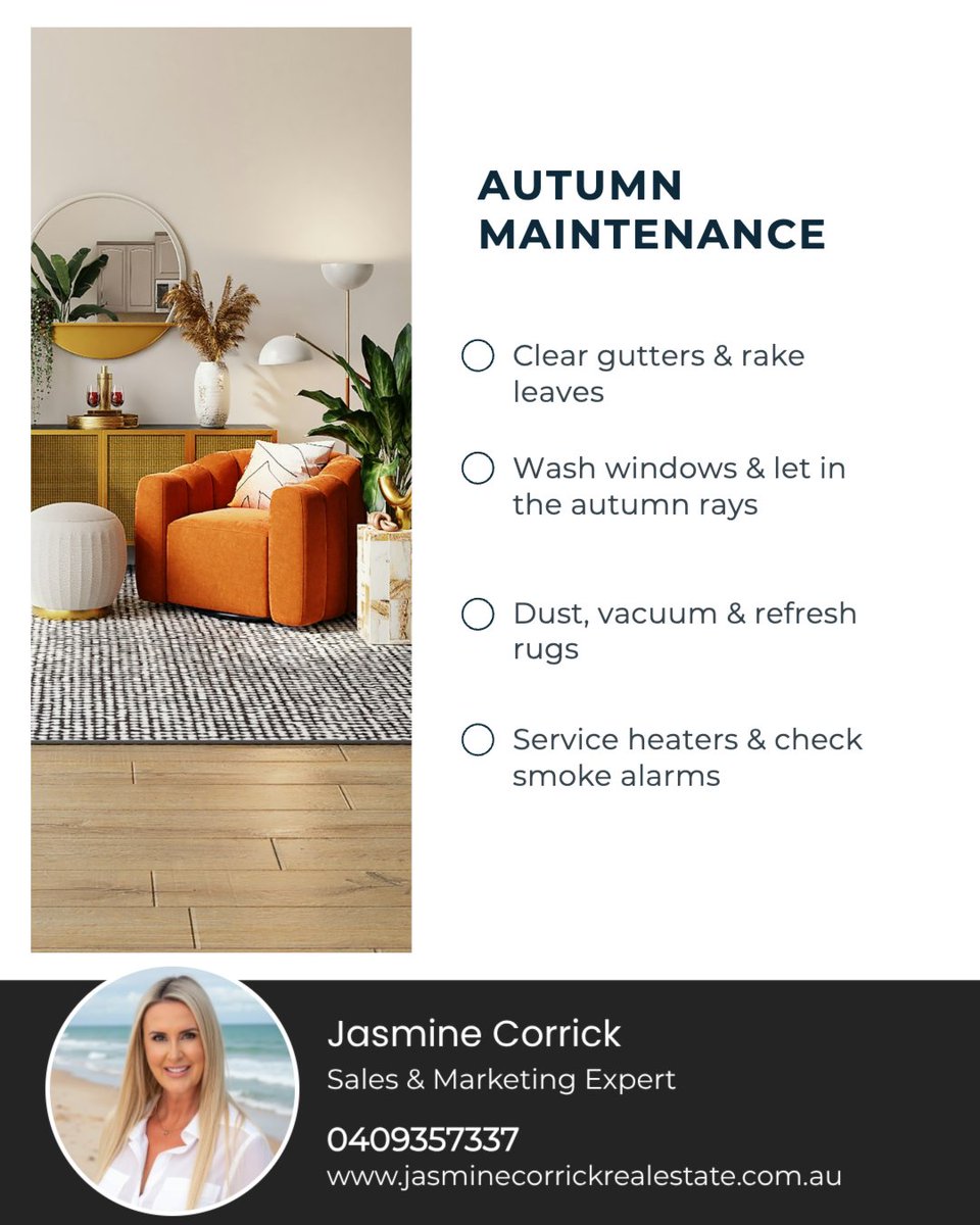 JasmineCorrick's tweet image. 🍂 Autumn’s here—time to freshen up your home! 🏡

Top 4 tasks to tackle:
Gutters &amp;amp; Garden
Windows &amp;amp; Light
Indoor Deep Clean
Heating &amp;amp; Safety Check 

A little spring cleaning… but make it autumn. ✨

#homemaintenance #homecare #homesweethome #maintenancecheck