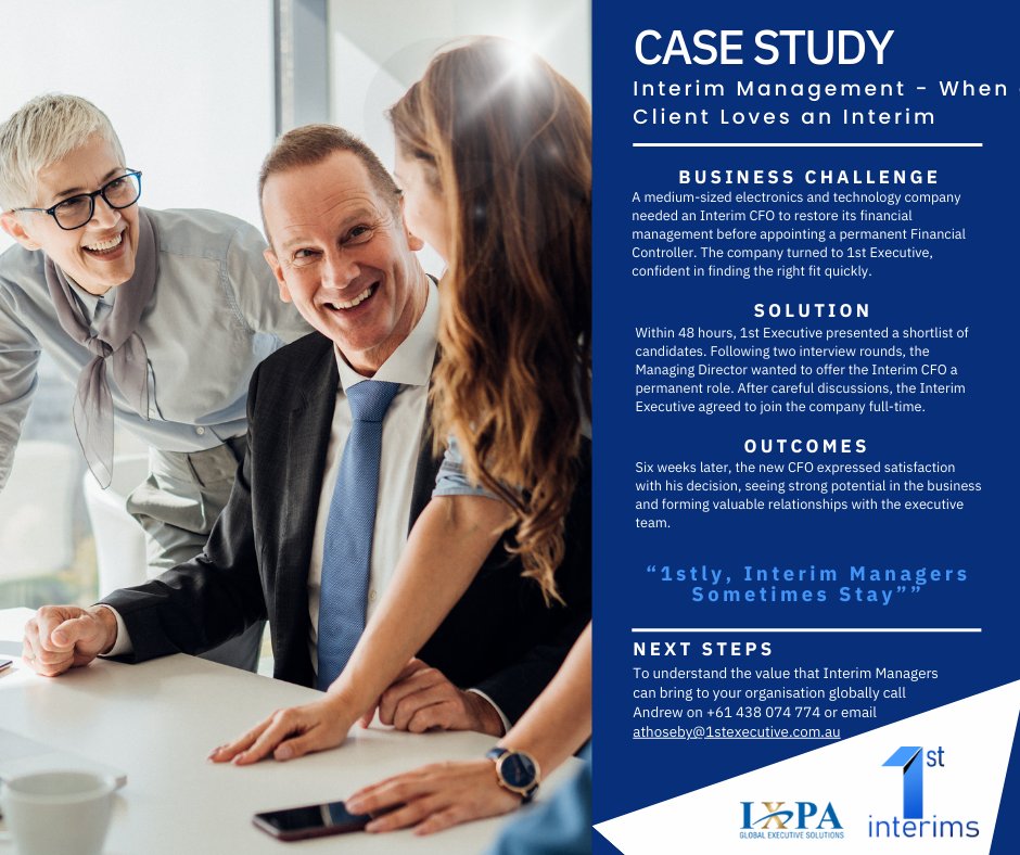 1stExecutive's tweet photo. Sometimes the right #InterimManager does more than deliver results, they redefine what’s possible. A short term CFO assignment evolved into a permanent appointment, highlighting how impactful leadership can reshape long term strategy. Read more https://t.co/fh4cfPsPXQ https://t.co/xVSIHYrLZK