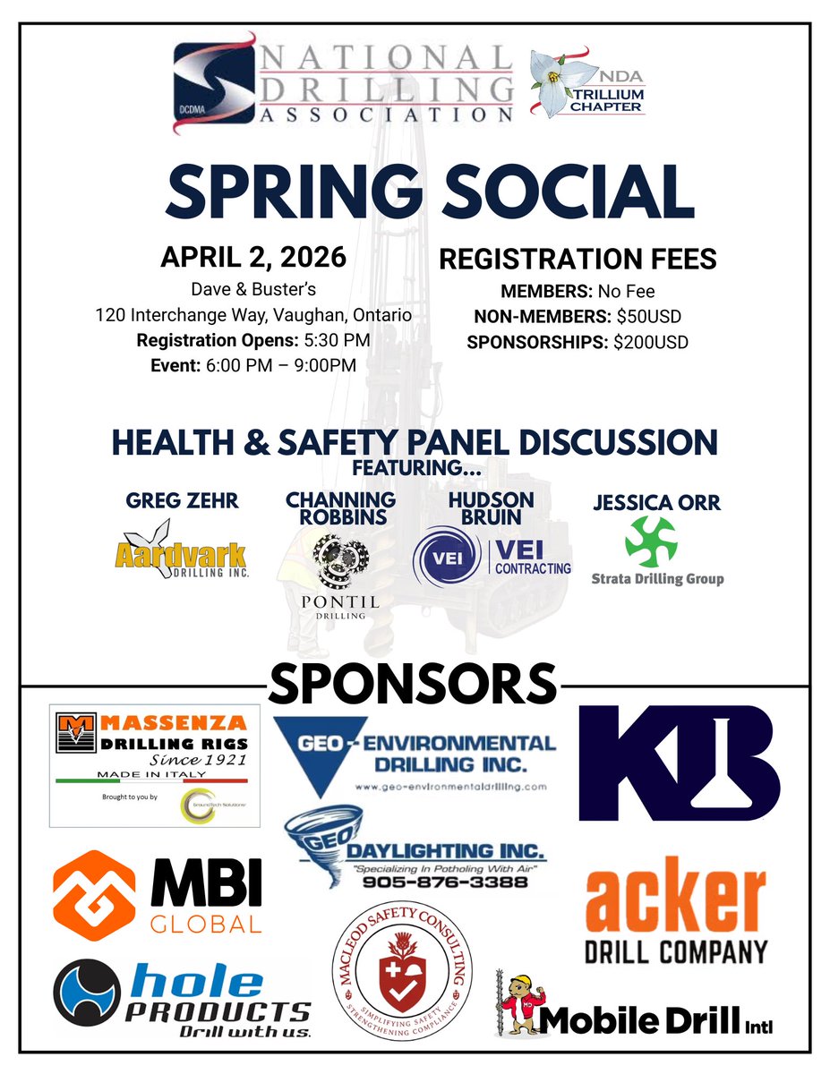 For anyone interested, the National Drilling Association is holding their Spring Social this Thursday, April 2 in Vaughan. Greg Z. of #AardvarkDrilling will be part of a Health &amp; Safety Panel Discussion.