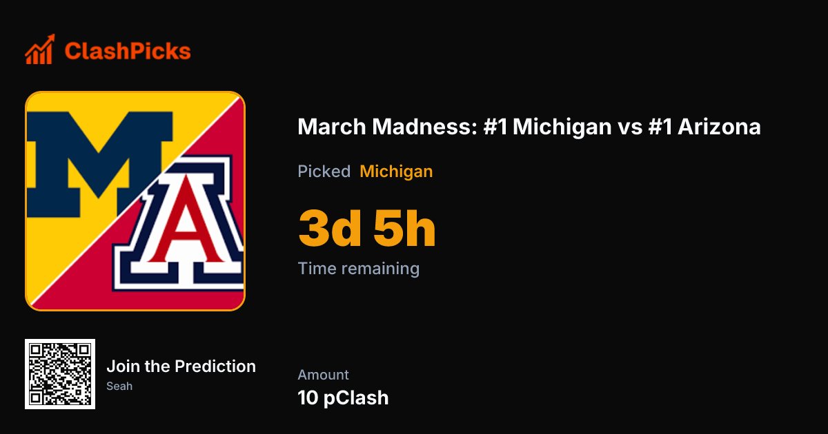MARCH MADNESS - MICHIGAN VS ARIZONA

This is what the Final Four is supposed to look like 💪

Two elite teams
Two dominant runs
No clear edge

Game of inches
Game of moments

Who survives? 👇
clashpicks.com/event/march-ma…