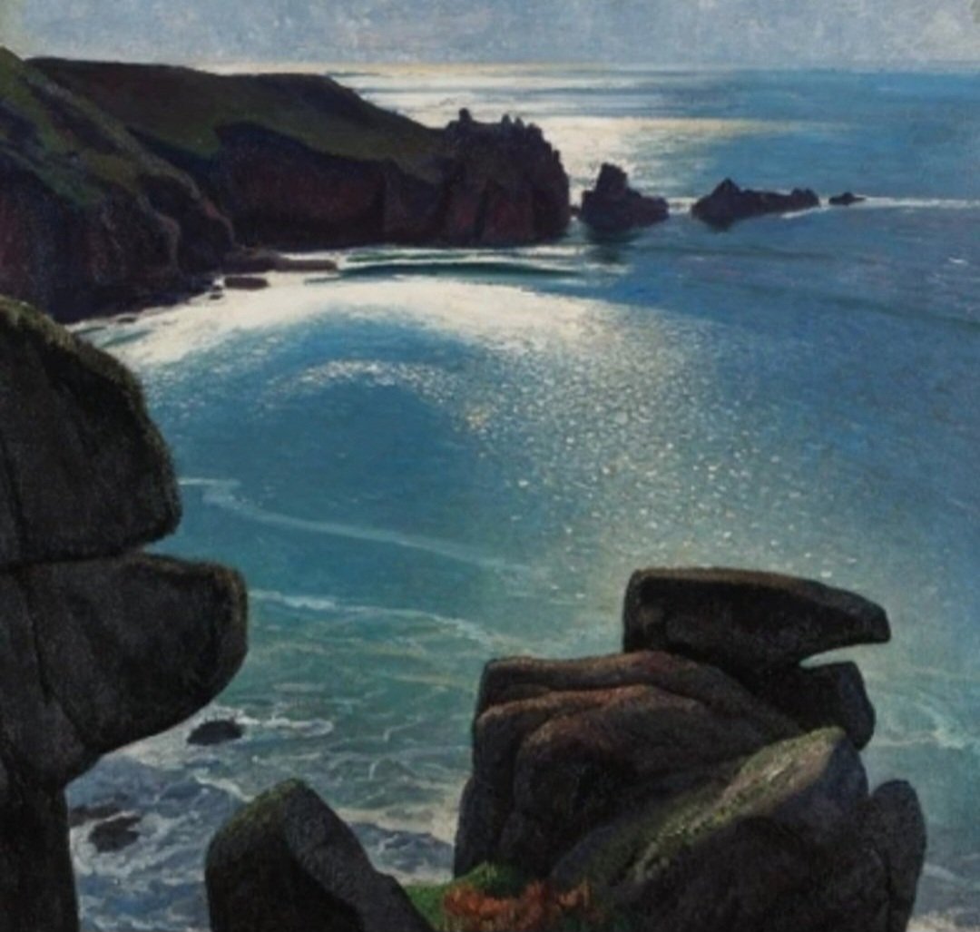 'Logan's Rock, St Levan,' (c1916) perfectly demonstrates the height of Laura Knight’s development in Cornwall, this work is part of a series of paintings she composed between 1915 and 1919 all sharing an elevated viewpoint, dramatic diagonal composition and vibrant colour.
