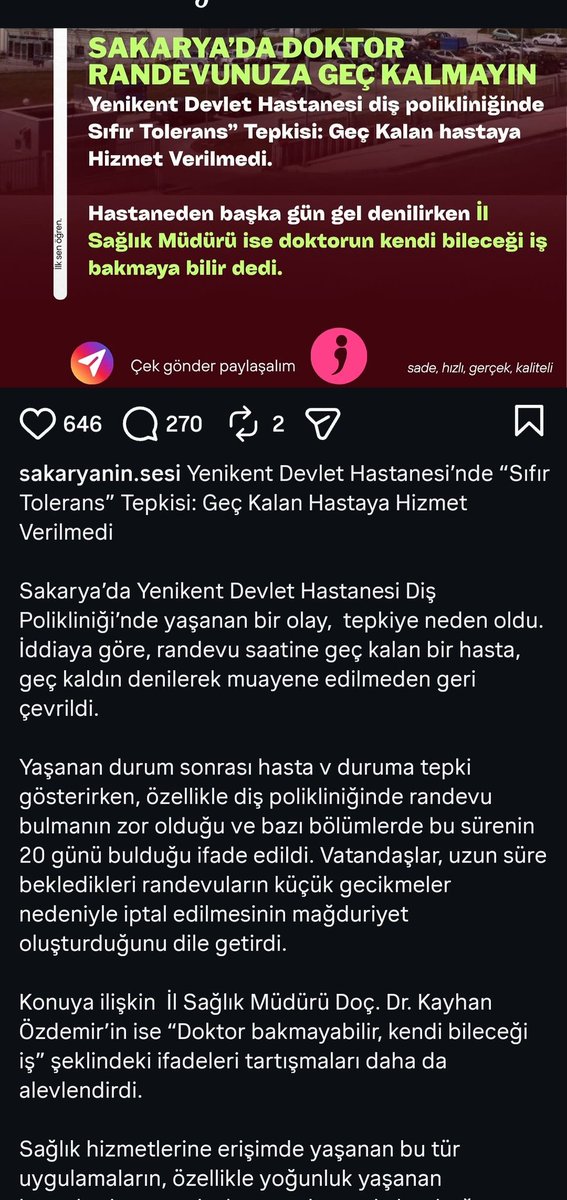 SAKARYA İL SAĞLIK MÜDÜRLÜĞÜNÜ TEBRİK EDİYORUZ

DİŞHEK-SEN SENDİKASI olarak, Sakarya İl Sağlık Müdürlüğü’nün Sakarya Yenikent Devlet Hastanesi diş polikliniğinde randevusuna geç kalan hastalara ilişkin yaklaşımını takdirle karşılıyoruz. Randevu saatine geç kalan hastaya hizmet