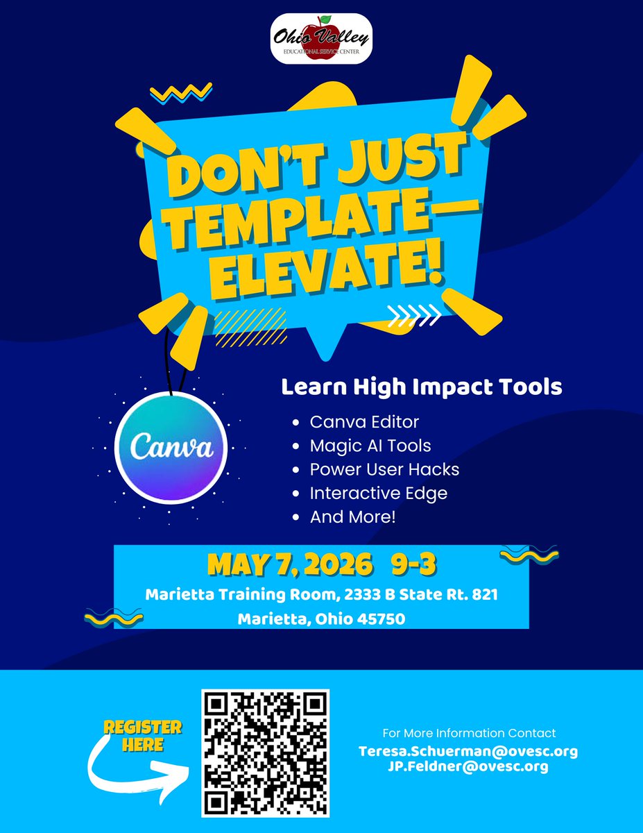 OhioValleyESC's tweet photo. Don't Just Template - Elevate Canva PD with Teresa Schuerman &amp; JP Feldner . 
May 7th | OVESC Marietta Training Room | 9–3
Explore Canva Editor, AI tools, power hacks &amp; interactive features. Updated content after 4/16 Canva update release!
FREE (OVESC) | $85 (non-members)
#SERVE https://t.co/jajouN50WX