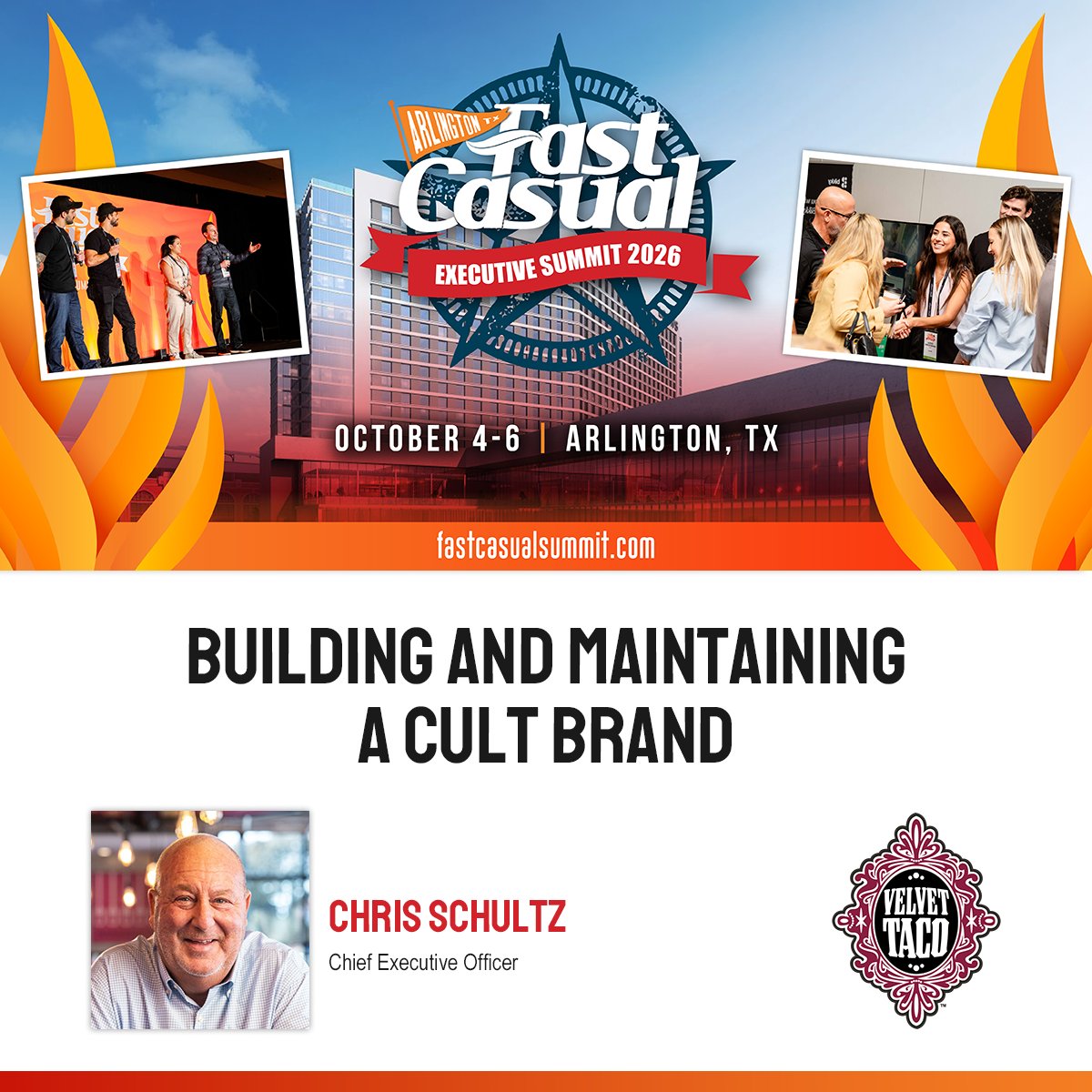 fastcasualexec's tweet image. What's the difference between a brand people like and one they're obsessed with? That's the question at the heart of this year's opening keynote at Fast Casual Executive Summit 2026 with Chris Schultz, CEO of Velvet Taco. #FCESummit #FastCasual #RestaurantLeadershiop