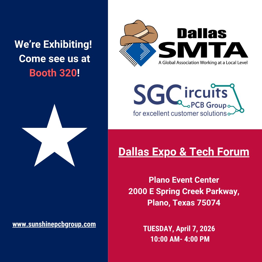 SGC_PCB's tweet photo. Join Us at SMTA Dallas Next Week!
SMTA Dallas is happening on April 7 at Plano Event Center! Sunshine Global Circuits will be at Booth 320! Please come by to connect,  chat and learn more about what we're working on.

- Tuesday, April 7, 2026
- 10:00 AM - 4:00 PM (US Central) https://t.co/miUDKaQl5W