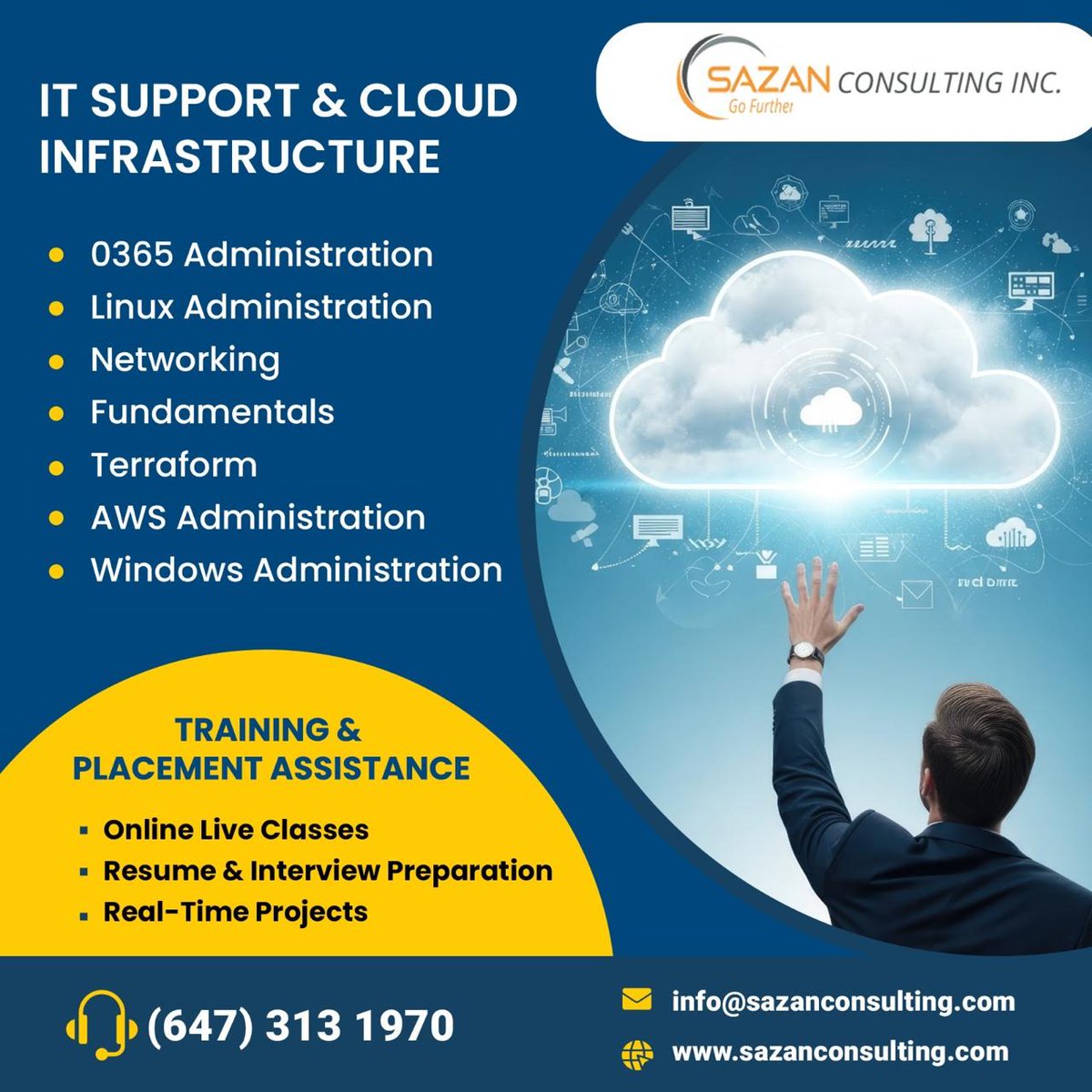 Our hands-on training in IT Support &amp; Cloud Administration gives you the real-world experience needed to succeed in today competitive job market. 
Call 6473131970
Email info@sazanconsultig.com
Visit lnkd.in/gtQGvmmq
#SysAdmin #ITSupport #CloudAdministration #ITCareer #GTA