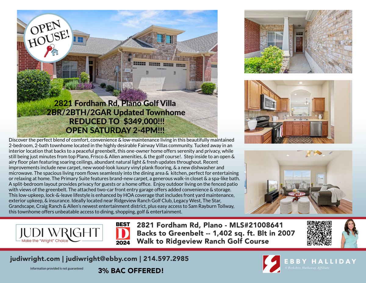 judiwrightteam's tweet image. 🏡 Open House in Plano!
2821 Fordham Rd - 2BR | 2BA | 2 Car | Backs to Greenbelt.  Updated + move-in ready
Now $349,000  

📍 Saturday 2–4PM
Walk to Ridgeview Ranch Golf Course
#PlanoTX #OpenHouse #DFWRealEstate #planoopenhouses #thejudiwrightteam #makethewrightchoice