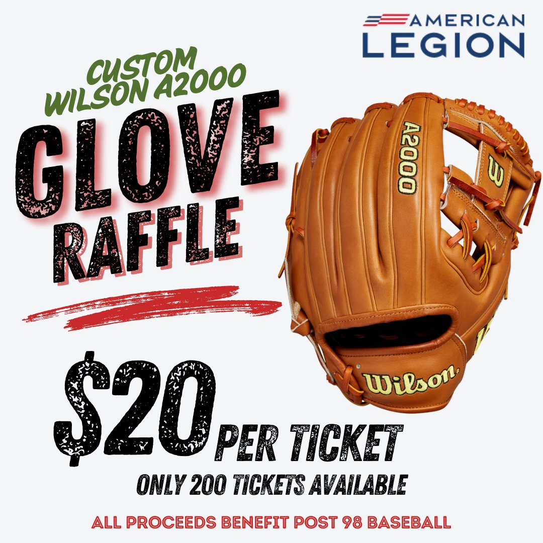 olescarp's tweet photo. Post 98 Baseball has a raffle!
Get a custom ordered Wilson A2000 baseball or softball glove!
200 tickets available
$20/ticket
Ends 4/30

Get tix: https://t.co/lAPA88aJSZ https://t.co/Ggh0ATbgcj