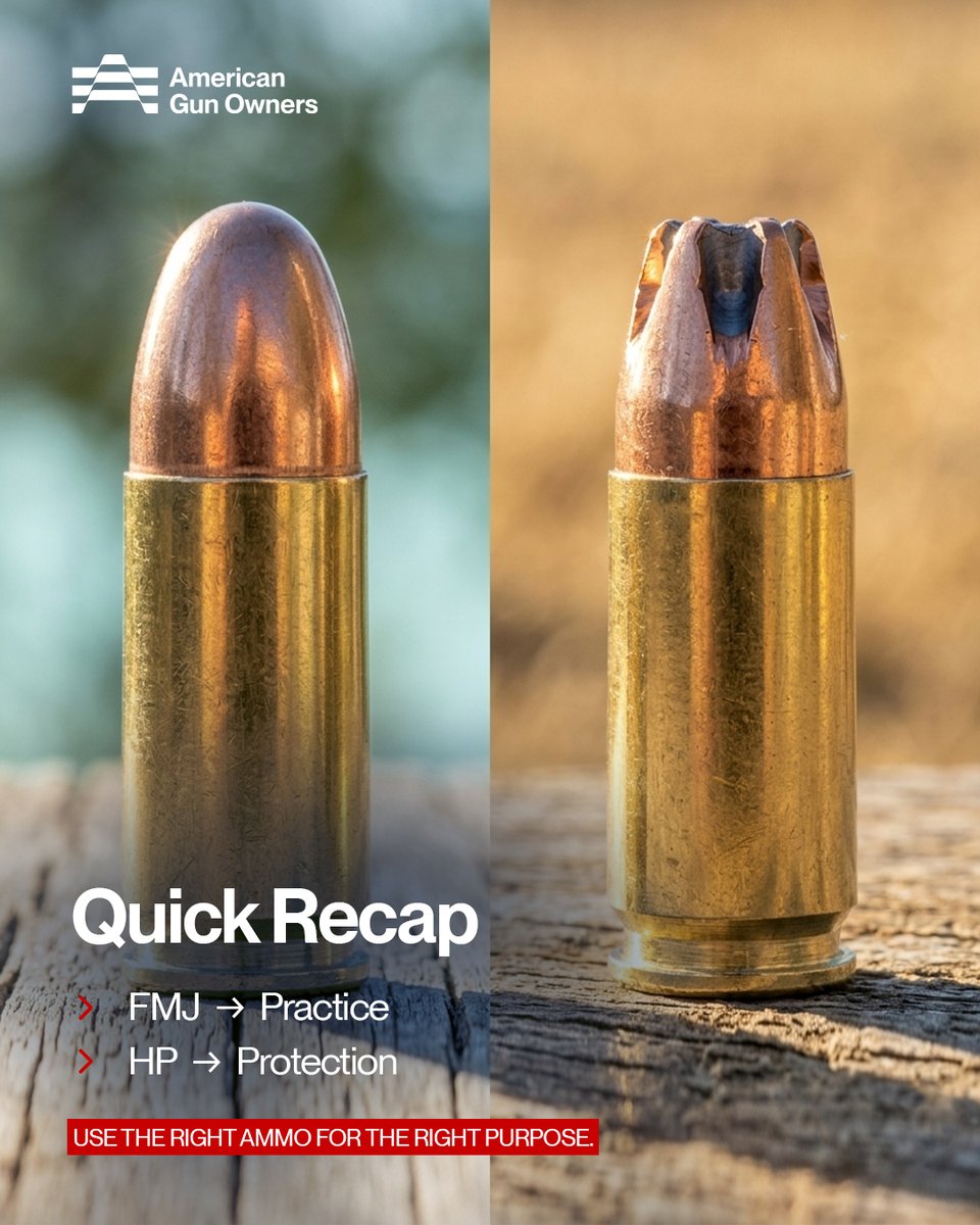 a_gunowner's tweet photo. What’s the difference between FMJ and HP ammo? 🤔👇

If you’re new to guns, this is important.

FMJ = range ammo 🎯
It’s cheaper and goes straight through the target.
HP = self-defense ammo 🛡️
It expands on impact and is less likely to pass through.

Simple way to remember:
FMJ = practice
HP = protection

#FirstTimeGunOwner #GunForBeginners #AmmoBasics #SelfDefense101 #NewGunBuyer #EverydayCarryLife #GunSafetyFirst #LearnBeforeYouCarry #GunOwnership #StayReady