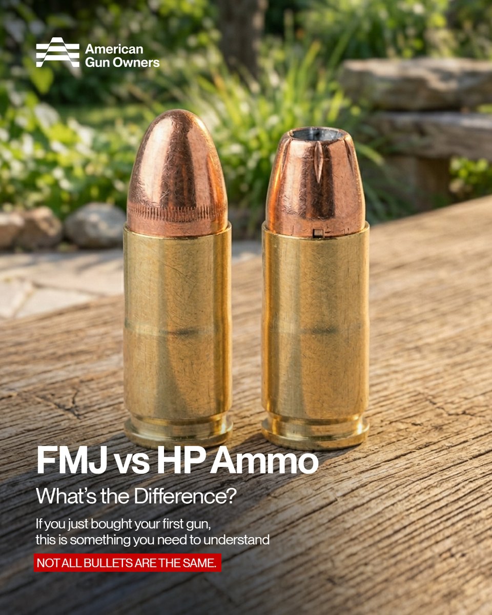 a_gunowner's tweet photo. What’s the difference between FMJ and HP ammo? 🤔👇

If you’re new to guns, this is important.

FMJ = range ammo 🎯
It’s cheaper and goes straight through the target.
HP = self-defense ammo 🛡️
It expands on impact and is less likely to pass through.

Simple way to remember:
FMJ = practice
HP = protection

#FirstTimeGunOwner #GunForBeginners #AmmoBasics #SelfDefense101 #NewGunBuyer #EverydayCarryLife #GunSafetyFirst #LearnBeforeYouCarry #GunOwnership #StayReady