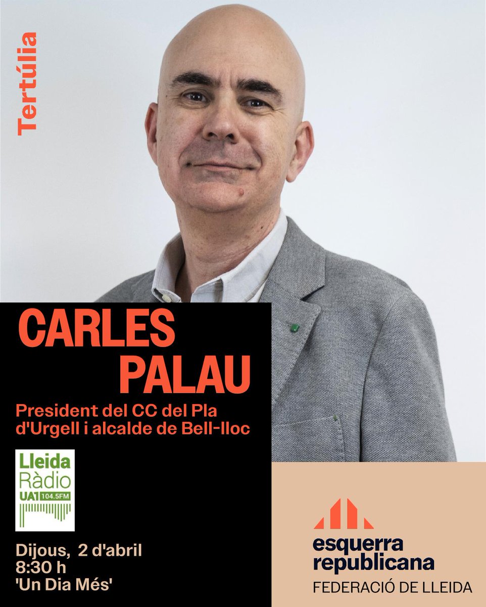 ERCfedLleida's tweet photo. 📌 NO T'HO PERDIS‼️

📆 Dijous, 2 d'abril
🕥 A 2/4 de 9 del matí (8:30 h)

👉🏼 El president del Consell Comarcal del Pla d'Urgell i alcalde de Bell-lloc, @paco197036 , 🗣 participarà a la tertulia municipalista del programa 📻 #UnDiaMés de @Ua1FM https://t.co/Sth25fuPMM