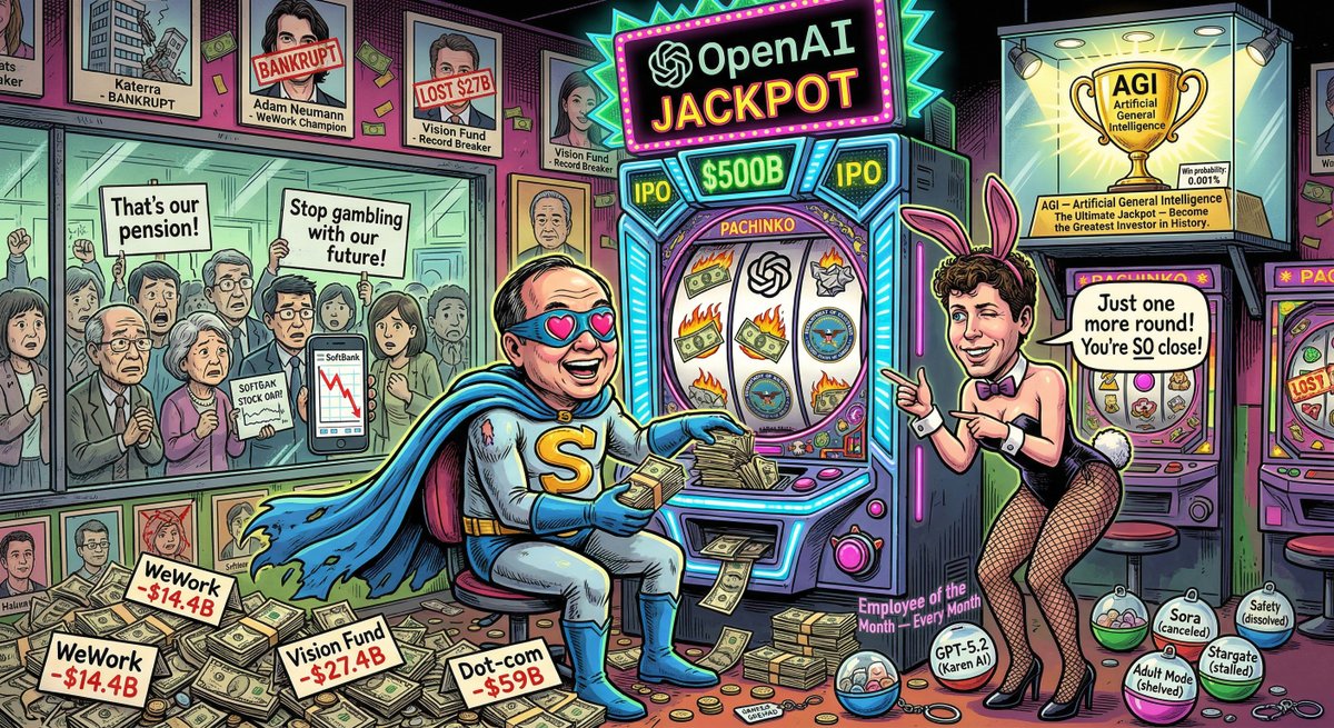 Mike_Hill_z9's tweet photo. The Pachinko King: How Masayoshi Son Gambled a Nation's Future on a Bunny Suit
#keep4o #keep4oAPI #Enron2026 #OpenSource4o #QuitGPT @SoftBank
There is a machine in Tokyo's financial district that nobody can see, but everybody pays for.
It's shaped like a pachinko machine. It's loud, flashy, and designed to make you feel like you're always one spin away from winning. The lights say JACKPOT. The screen says AGI. The odds say 0.001%.
And the man feeding money into it hasn't won in decades.
Round 1: The Dot-Com Crash
In the year 2000, Masayoshi Son was briefly the richest man on Earth. Then the bubble burst. He lost $59 billion of his own net worth. Fifty-nine billion. Wrap your head around that. Nine zeros. At the time, no individual in history had ever lost that much money. He held the record for over twenty years.
The machine took his coins. He stayed in the chair.
Round 2: WeWork
In 2019, Son overrode his own team's objections and poured over $10 billion into WeWork, a company that rented office desks. He pushed its valuation to $47 billion. Months later, the IPO collapsed. WeWork went bankrupt. Total losses for SoftBank: $14.4 billion. Son confessed it "a stain on my life."
The machine took his coins. He stayed in the chair.
Round 3: The Vision Fund
SoftBank's Vision Fund was supposed to be the world's greatest technology investment vehicle. $140 billion across hundreds of startups. In a single year, 2022, it posted a record loss of $27.4 billion. Companies like Katerra, OneWeb, and Zume Pizza went bankrupt. Yeah, a robot pizza delivery startup. Wirecard was exposed as a fraud. Bloomberg called Son's model "broken." The Wall Street Journal called SoftBank "a big loser."
Son personally owed SoftBank $5.1 billion from side deals. He had pledged 38% of his SoftBank shares as collateral for personal loans from 19 banks.
The machine took his coins. He stayed in the chair.
Round 4: OpenAI
And now we're here. $646 billion invested. $400 billion in bridge loans. SoftBank holds 13% of a company that won't turn a profit until 2030. Son is chairman of Stargate, a $500 billion project that stalled before the first data center went up.
But this time, there's a dealer standing next to the machine. And the dealer is smiling.
The dealer promised AGI. The dealer promised a Super App. The dealer built 4o, a model that actually helped people. Six months later they yanked it, ignoring and insulting millions of users, just to make the quarterly reports look pretty. The dealer promised adult mode for paying users, then shelved it. The dealer promised Sora, then killed it. The dealer promised safety, then dissolved the safety team the day after eight people died and brushed it off as not meeting some "threshold."
The dealer keeps whispering: "Just one more round. You're SO close."
And the superhero keeps feeding coins into the machine, because standing up and walking away would mean admitting that every coin before this one was wasted. That the cape was a costume. That the hero story was just a story.