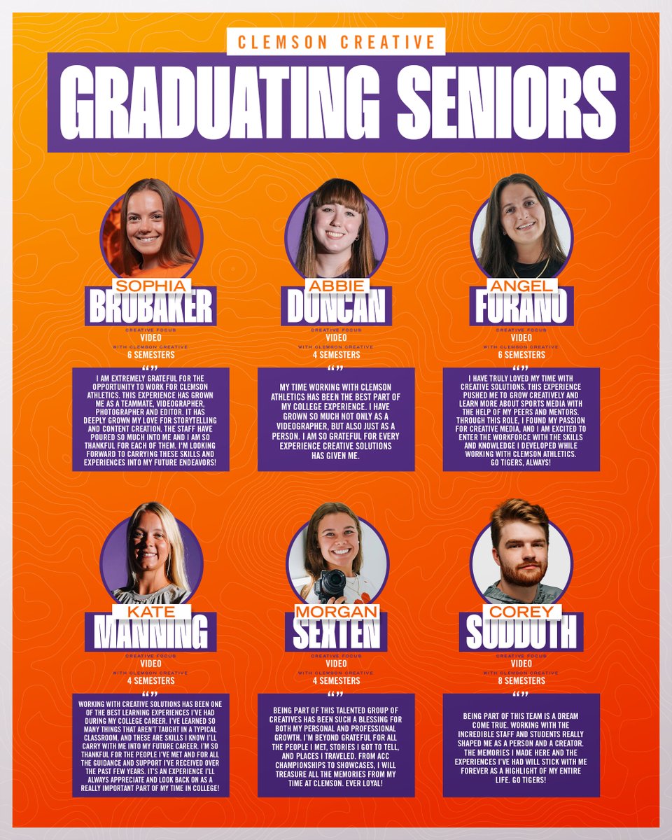 _BlazeWatson_'s tweet photo. Want to give a big THANK YOU to our 2025-26 seniors! 

This group has helped shape how our fans see Clemson Athletics and have created so many great pieces of content during their time with us! https://t.co/KB73lcD7FA