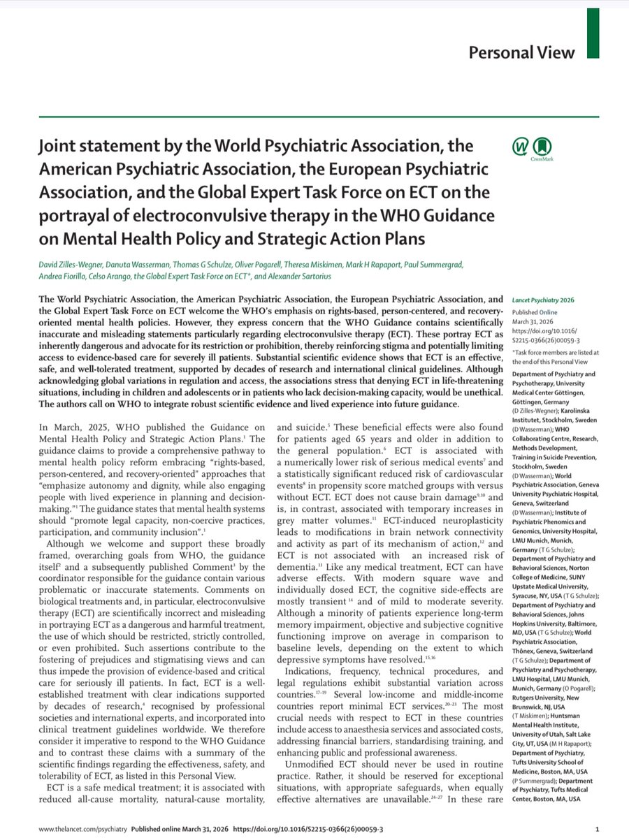 WPA_Psychiatry's tweet image. Joint statement by the @WPA_Psychiatry, the @APApsychiatric, the @Euro_Psychiatry, and the Global Expert Task Force on #ECT on the portrayal of #ElectroconvulsiveTherapy in the @WHO Guidance on #MentalHealth Policy and Strategic Action Plans.
kwnsfk27.r.eu-west-1.awstrack.me/L0/https://aut…