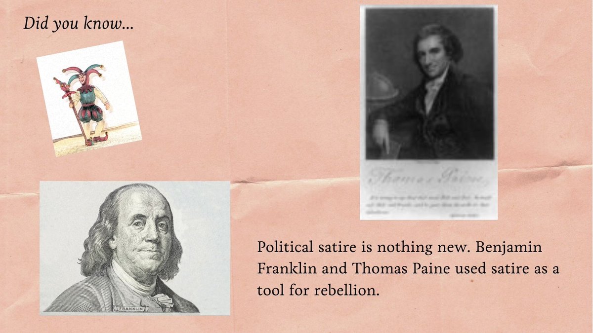 frauncestavern's tweet photo. Ben Franklin used irony, metaphors and sarcasm to ridicule British actions. He also used paradoy and hoaxes as satire. In “Common Sense,” Thomas Paine mocked the idea of monarchy and aristocracy. His style was more confrontational and passionate. https://t.co/gJm09cCdpm