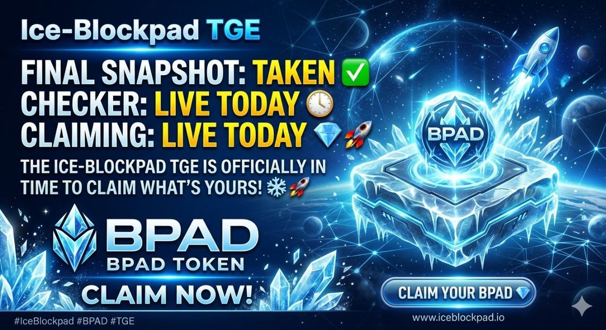 jerom_bello08's tweet image. Final Snapshot: TAKEN. ✅
Checker: LIVE TODAY. 🕒
Claiming: LIVE TODAY. 💎

The @ice_blockpad TGE is officially in motion. Time to claim what’s yours! ❄️🚀

#IceBlockpad #BPAD #TGE