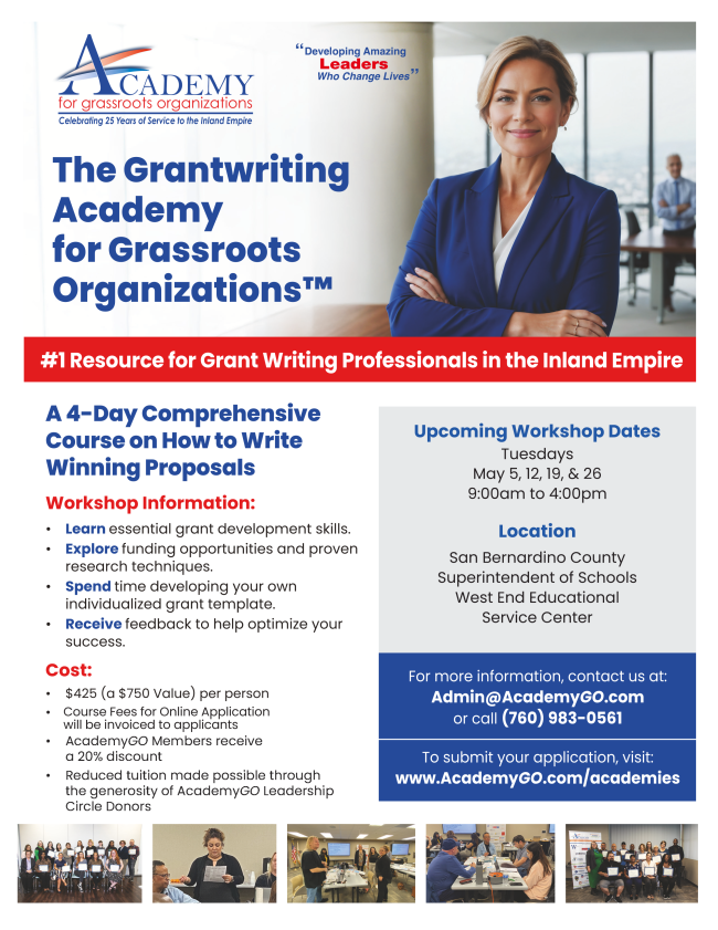 AcademyGOIE's tweet photo. The Grantwriting Academy Spring 2026 applications are officially OPEN! Learn to write winning proposals with expert-led training this May.

🗓️ Tuesdays: May 5, 12, 19, &amp; 26
📍 Apply: https://t.co/6zhTjWvUg4
Space is limited—grab your spot! ✍️
#AcademyGOIE #IENonprofits https://t.co/8a1EhVjE0S