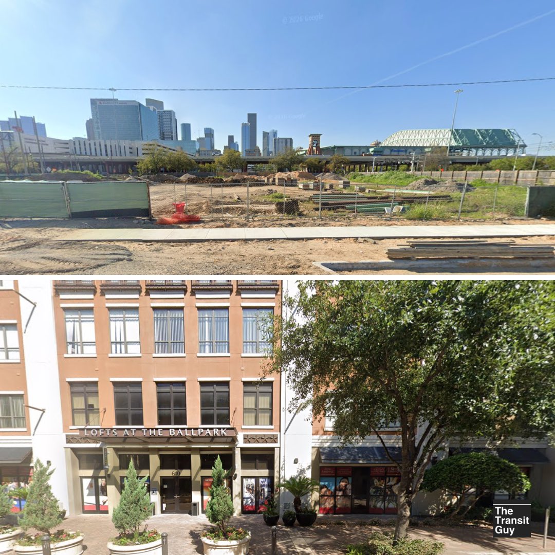 In downtown Houston, an empty lot next to a light rail station becomes 375 housing units... April Fools! TxDOT actually knocked these apartments down to widen a highway. The top image is the after.