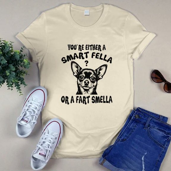 walmartree's tweet image. Are you a smart fella or a fart smella? 😂🐾 This hilarious Chihuahua t-shirt is the ultimate funny dog lover outfit that guarantees laughs everywhere you go.
 doglito.com/products/chihu…
#Chihuahua #FunnyDogShirt #DogLovers #PetHumor #DogMom #FunnyTshirt #DogLife #PetStyle #DogGift