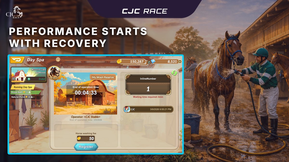 cjcrace's tweet photo. If your horse has been losing lately, check the condition first.
It drops after every race. If you let it drop too far then your performance drops with it.
That's why the players winning consistently never skip the Day Spa.
#CJCRace #HorseRacing #RaceStrategy #MobileGaming https://t.co/13KpRBwPhf