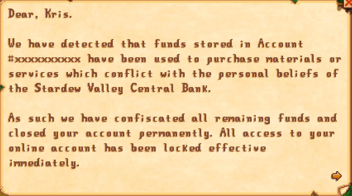 kryspur's tweet photo. Keeping in line with my goal of keeping Hypno Valley realistic and balanced, the next update will include a chance every day after buying items from Kris's shop to have the in-game bank ban you from accessing your money. https://t.co/IPHmwjTlhQ
