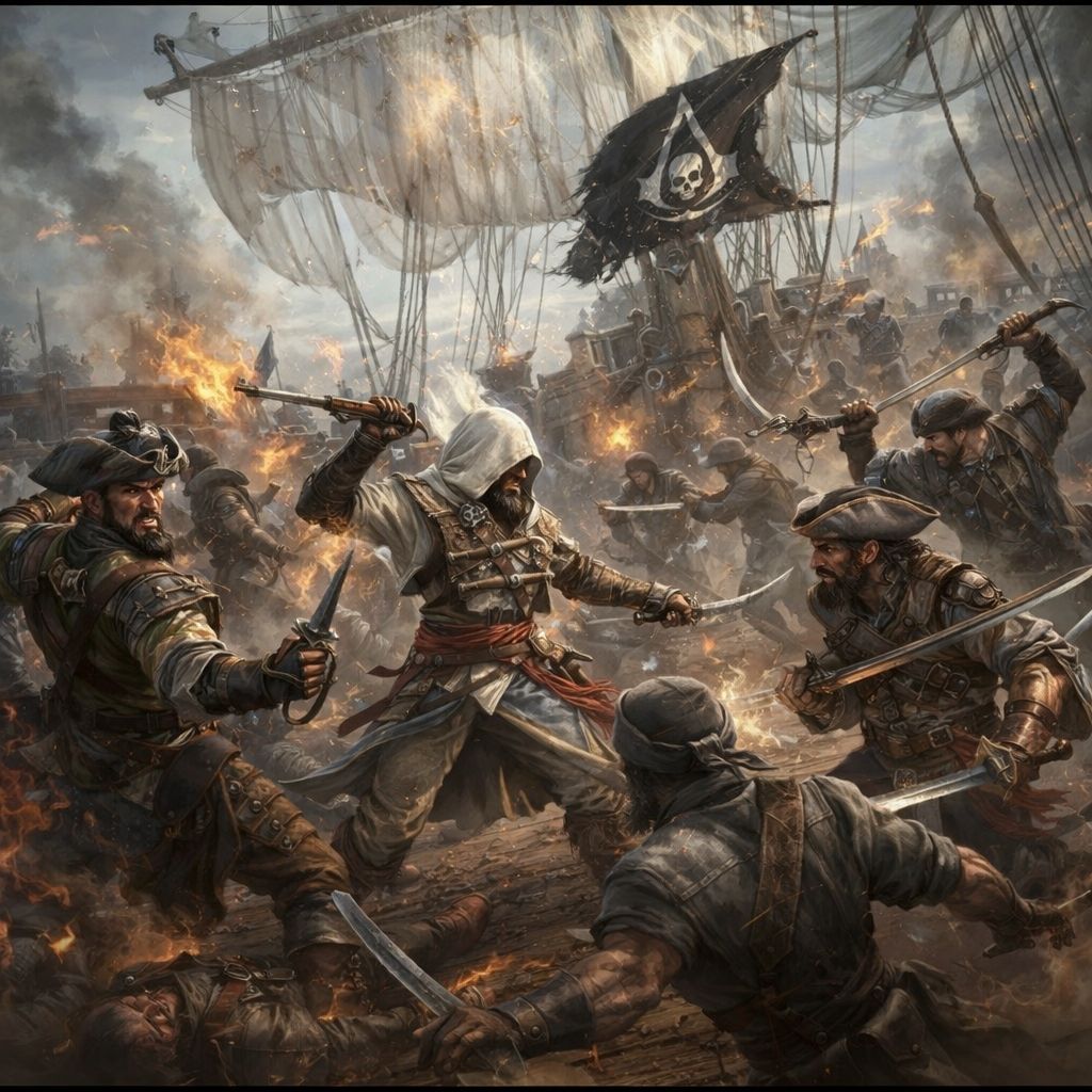 Gremio_Sombras's tweet image. El combate no se detiene cuando ondea la bandera negra. 🏴‍☠️⚔️

#Ubisoft #AssassinsCreed #AC #Gaming #AC4BF