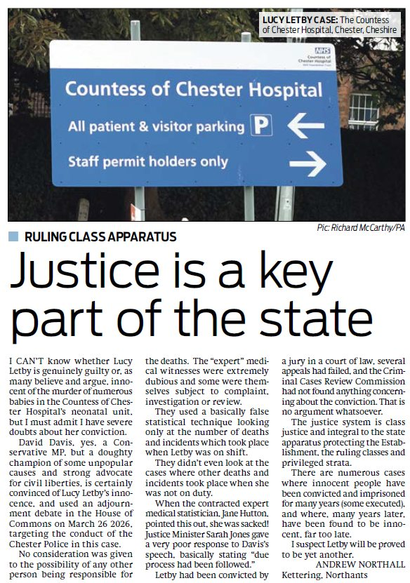 Acnorthall's tweet image. In the Morning Star 30 March 2026.

#LucyLetby @DavidDavisMP @M_Star_Online #Justice #State #CountessofChester