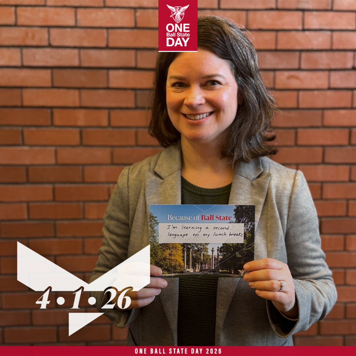 BallStateLibs's tweet photo. "#BecauseofBallState I am learning a second language- Spanish! So, this year on #OneBallState Day, I'm donating to the University Libraries AND the Department of Modern Languages and Cultures, so we can keep providing the best resources and learning experiences to students!" https://t.co/jBkhd2GBGA