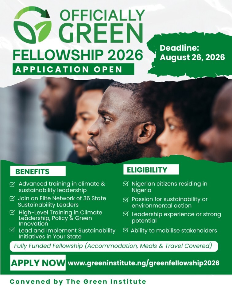 opportunitiesfy's tweet image. 🌱🇳🇬 Nigeria!
Apply for the Green Leaders Fellowship 2026
 🏨Fully funded
 🌍Climate leadership training
 📅Deadline: Aug 26, 2026
🔗 Apply: wp.me/p23f03-kil
💡 Tip: Show your sustainability impact!
#Fellowship #Climate #Nigeria
