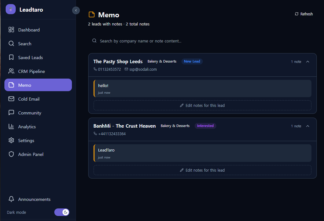 LeadTaro's tweet photo. ✨ Leadtaro Introduces a New Notes Feature! ✨

Now, you can add important notes to every lead in your CRM pipeline or saved leads.
Whether it’s key information, critical points, or your next action steps, you can record everything that matters to stay on top of your leads. https://t.co/gS9p2SMwiX