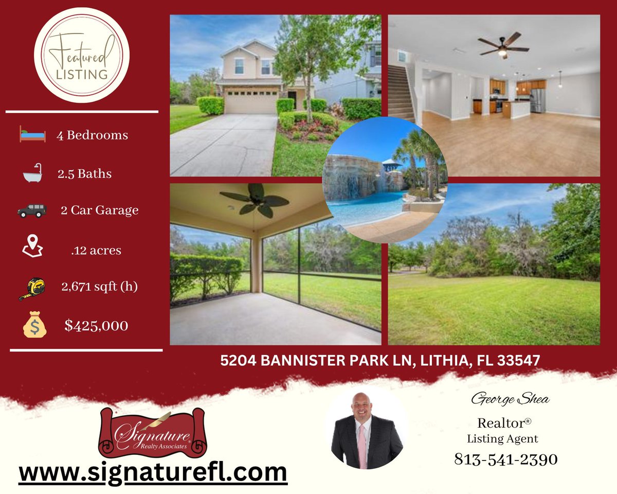 SRAFL's tweet photo. 🏡 FEATURED LISTING
📍 5204 Bannister Park Ln, Lithia, FL
🌴 Prime Lithia location

📲 George Shea, Realtor®
🌐 https://t.co/V0PWBZfViG
📮 Signature Realty Associates
🏡 "In the Neighborhood...At Your Service!"
#LithiaFL #FishHawk #FloridaRealEstate  
 #SignatureFL https://t.co/JLXtYlt5bB