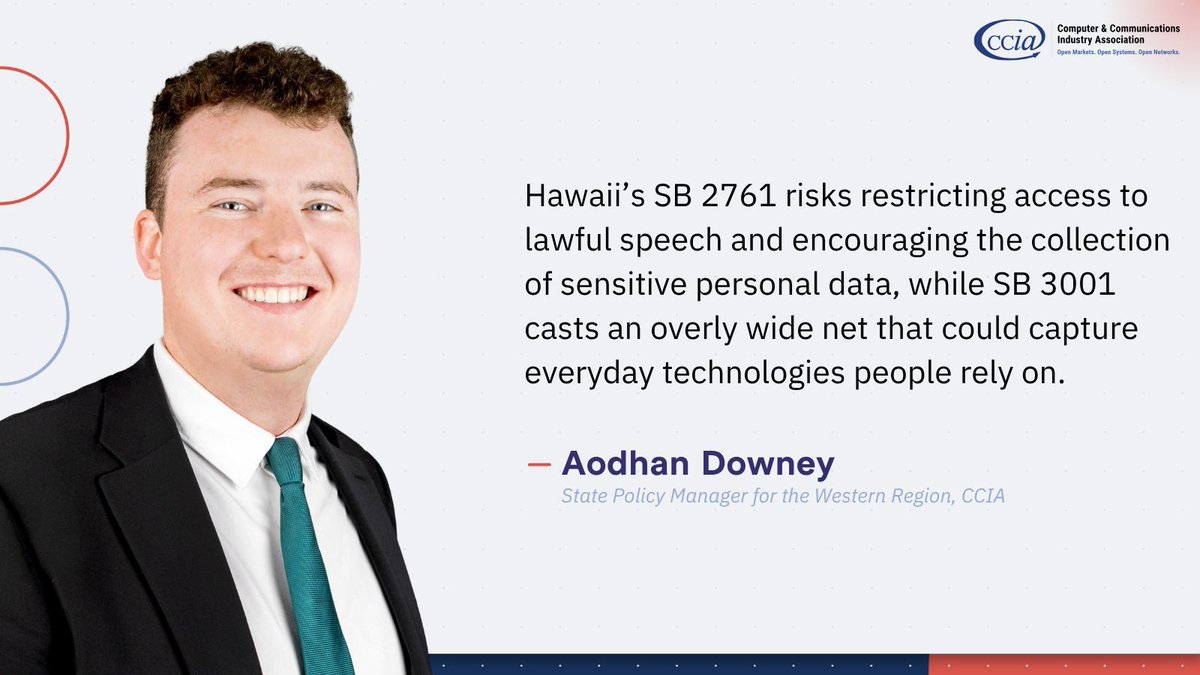 ccianet's tweet image. CCIA is voicing our opposition to Hawaii’s SB 2761, warning it could restrict lawful speech protected by the #FirstAmendment and push companies to collect sensitive personal data. The bill raises serious constitutional and #Privacy concerns while creating unworkable compliance