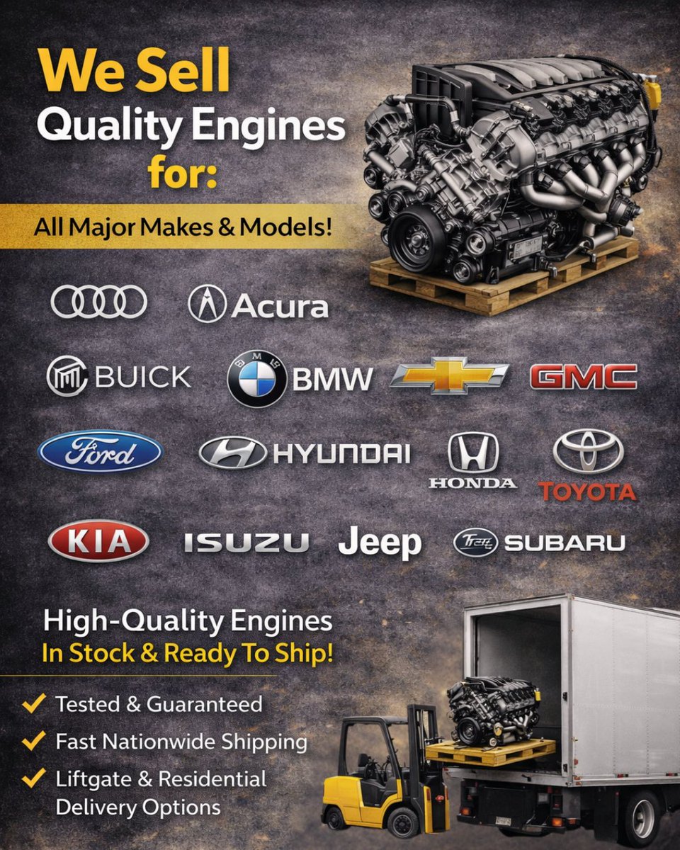 xpowerengines's tweet image. Looking for a reliable engine? 🔧🚗
We supply high-quality engines for all major brands. 
Tested, ready to ship, and delivered fast. Whether you need pickup or nationwide delivery, we’ve got you covered.

📞 Call now: +1 (877) 900-2695 

#enginesforsale #carparts #enginebuild