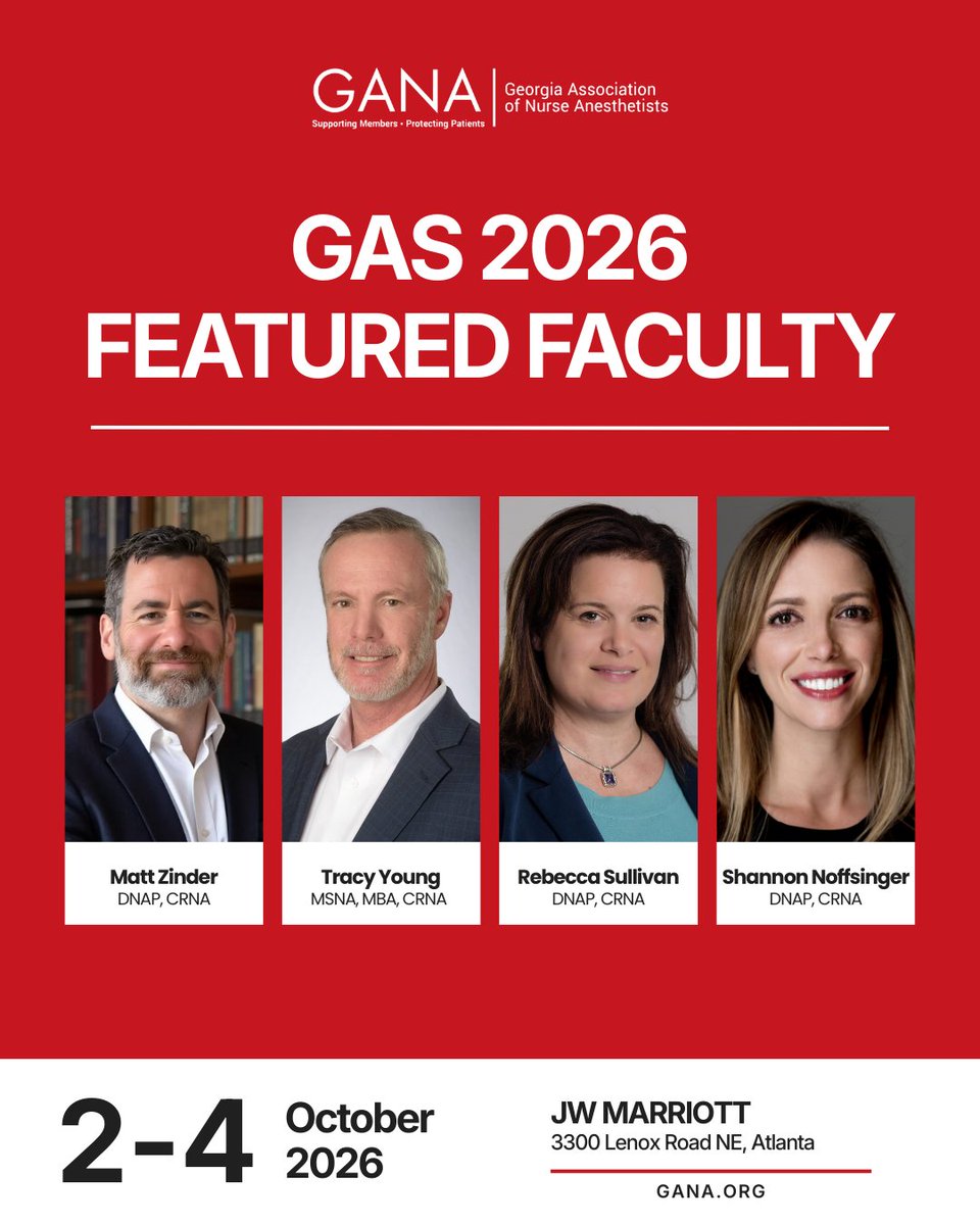 GeorgiaCRNA's tweet photo. Don’t just attend—learn from the best.
Our featured faculty are bringing real-world expertise to GAS 2026. Don’t miss your chance to join their sessions in Atlanta.
📍 Atlanta, GA | October 2–4, 2026
🔗 https://t.co/D3zFwFMELh https://t.co/yPiIoo2Sj3