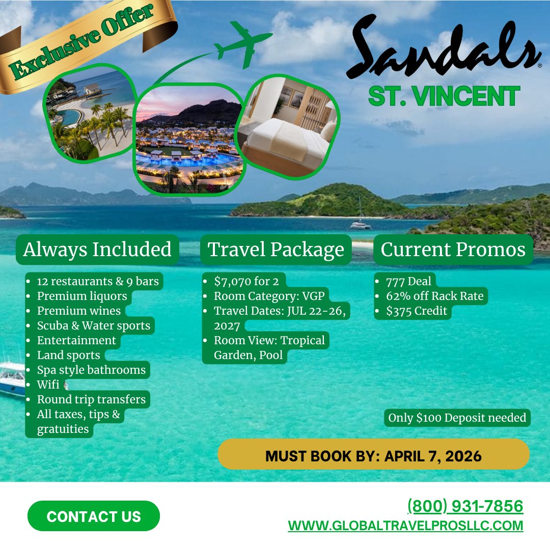 CPGTP's tweet photo. Dreaming of a luxury Caribbean escape? 🌴✨ Snag exclusive Sandals deals with packages starting at $2,600+ and just $100 deposit. Limited time—book by April 7, 2026! Who’s ready to relax in paradise?

#TravelDeals https://t.co/4buujH0XES