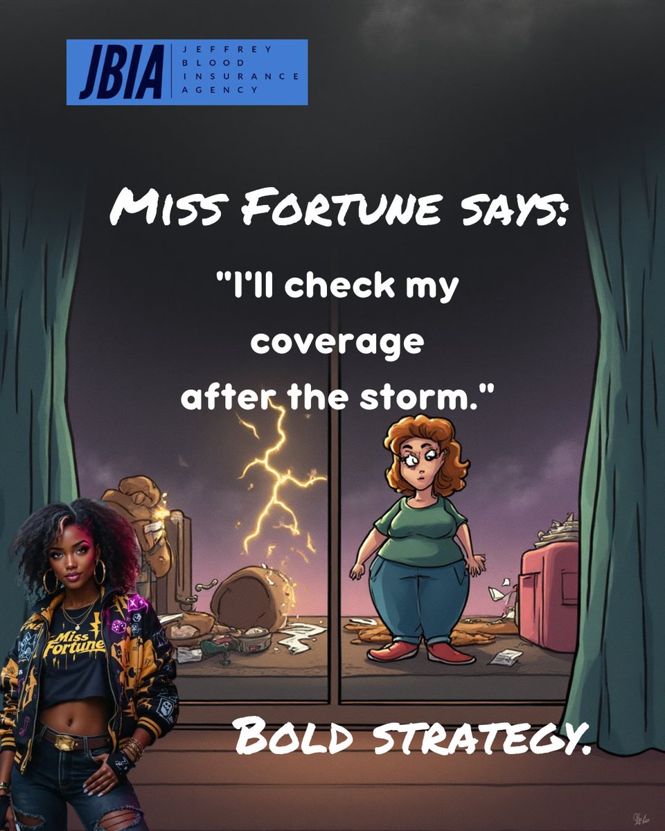 jeffbloodok's tweet photo. Miss Fortune loves waiting until it’s too late.

Storm season + no review = expensive surprise.

A quick check now saves a lot later.

#MissFortune #InsuranceHumor #StormSeason #ProtectWhatMatters #JBIA https://t.co/VMEEYtkL7z
