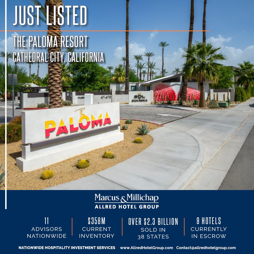AHG_MM's tweet photo. Just Listed: Coachella Valley Boutique Resort with Event Space &amp; Onsite Restaurant
The Paloma Resort | Cathedral City, CA | 63 Rooms

To learn more and to search our exclusive listings, visit us at https://t.co/2YloqvA4d7 💻

#allredhotelgroup #marcusmillichap #hospitality #cre https://t.co/TGr6wvFWZ2