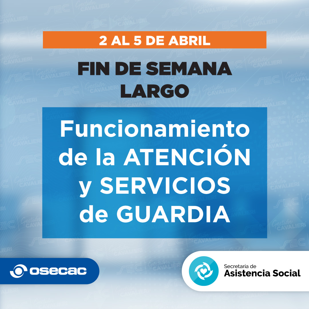 ✅Les comparto la siguiente información sobre la atención y servicios de guardia de #OSECAC en CABA los días jueves 2 y viernes 3/4, por Semana Santa y el Día del Veterano y de los Caídos en Malvinas.

Pueden encontrarla ingresando en osecac.org.ar/Visualizadores….