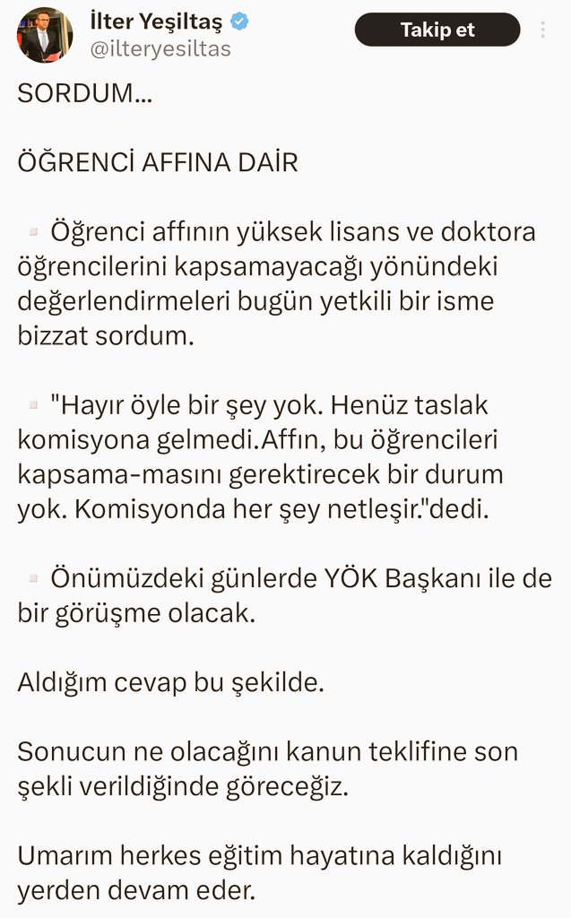 SelahaddinZengi's tweet photo. 🚨#ToplumsalBeklentiler |

"Bir deli kuyuya taş atmış, kırk akıllı çıkaramamış"

Öğrenci Affıyla ilgili Yüksek Lisans ve Doktora öğrencilerini kapsamayacağı yalanı böylece ayyuka çıktı.

Böyle bir şeyin söz konusu olamayacağını belirttik.

#ögrenciaffi
#öğrenciaffı https://t.co/B3zOOM3Qze