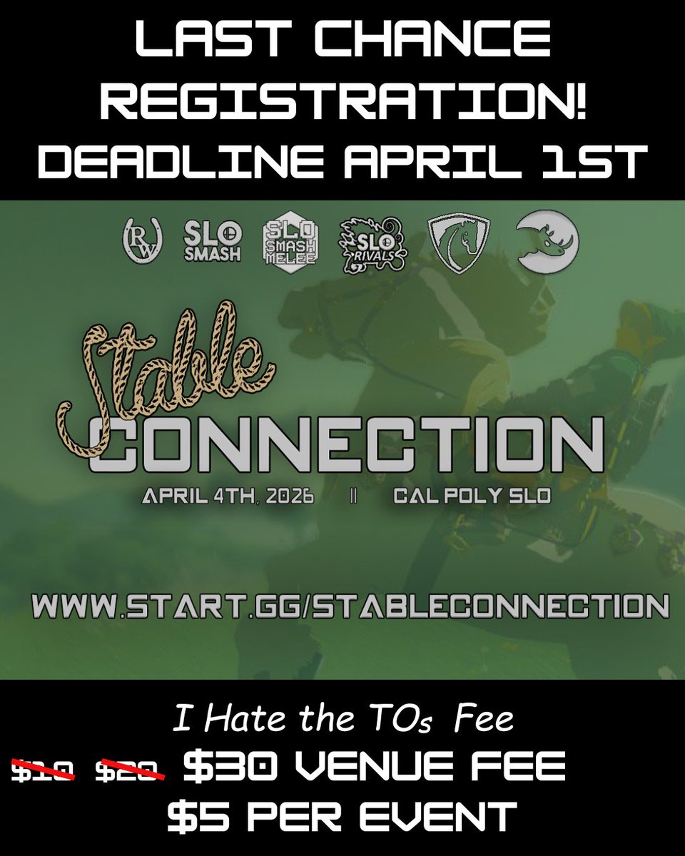 Did you miss out... Wish you could still register?

GREAT NEWS! Registration is open ONE MORE DAY! This is your LAST CHANCE to enter bracket!

Ultimate - 85 Players
Melee - 44 Players
Rivals-42 Players
FGC - 31 Players

Alot of great Talent!

start.gg/StableConnecti…