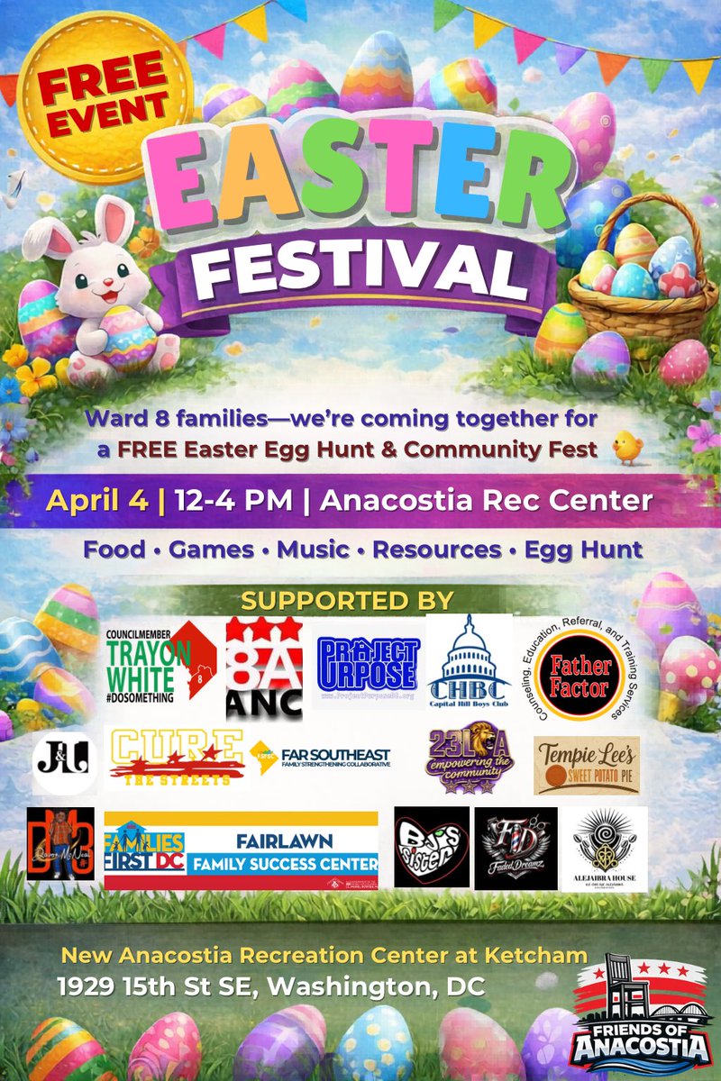 FatherFactorINC's tweet photo. Come out and join us for a FREE Easter Festival on April 4 from 12–4 PM at the New Anacostia Recreation Center at Ketcham 🐣💛

Cure the Streets Anacostia is proud to partner for a day of food, games, music, resources, and an Easter egg hunt for families.

📍1929 15th St SE https://t.co/G4h3EnuzP9